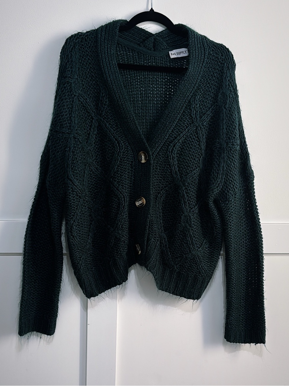 RAG SUPPLY Forest Green Cable-Knit V Neck Button Cardigan M